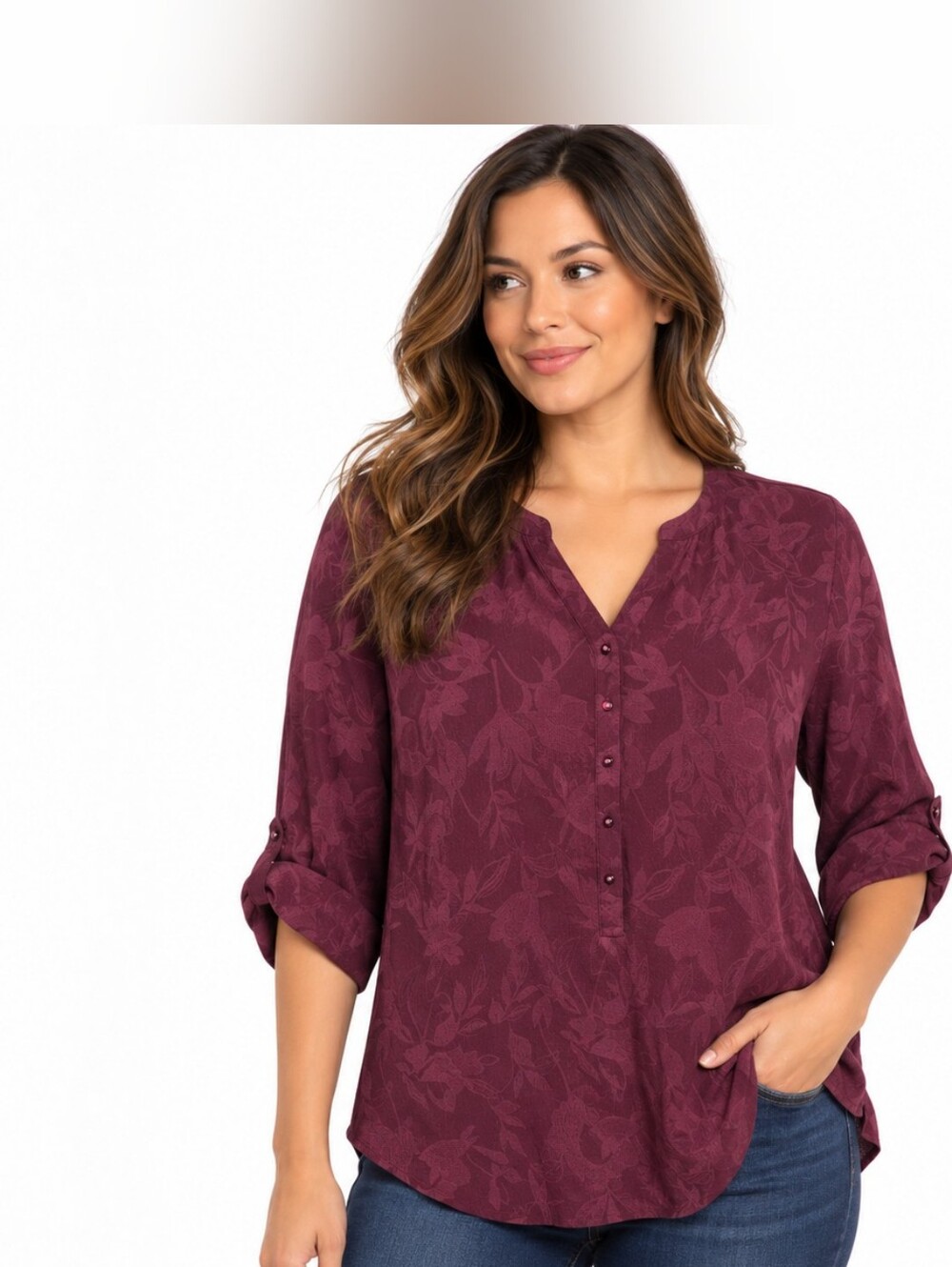 Roz & Ali Burgundy Floral Jacquard Roll Tab Sleeve Blouse XL